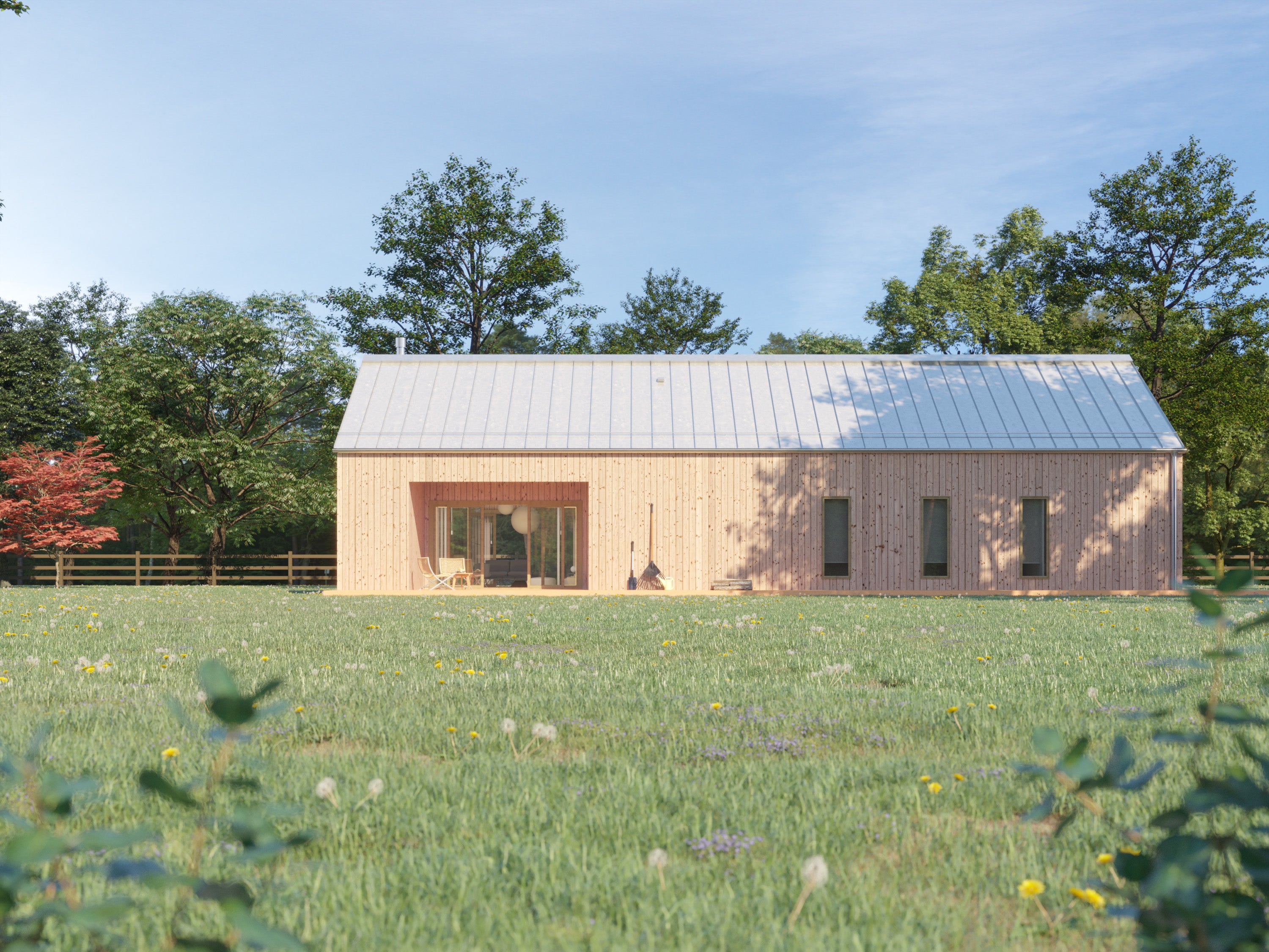 Modern farmhouse with light natural wood vertical cladding, blush pink recessed porch surround, and silver standing seam metal roof, front elevation with open terrace and outdoor seating overlooking a wildflower meadow