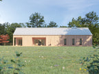 Modern farmhouse with light wood vertical cladding, blush pink recessed porch surround, standing seam metal roof, and open terrace overlooking a wildflower meadow