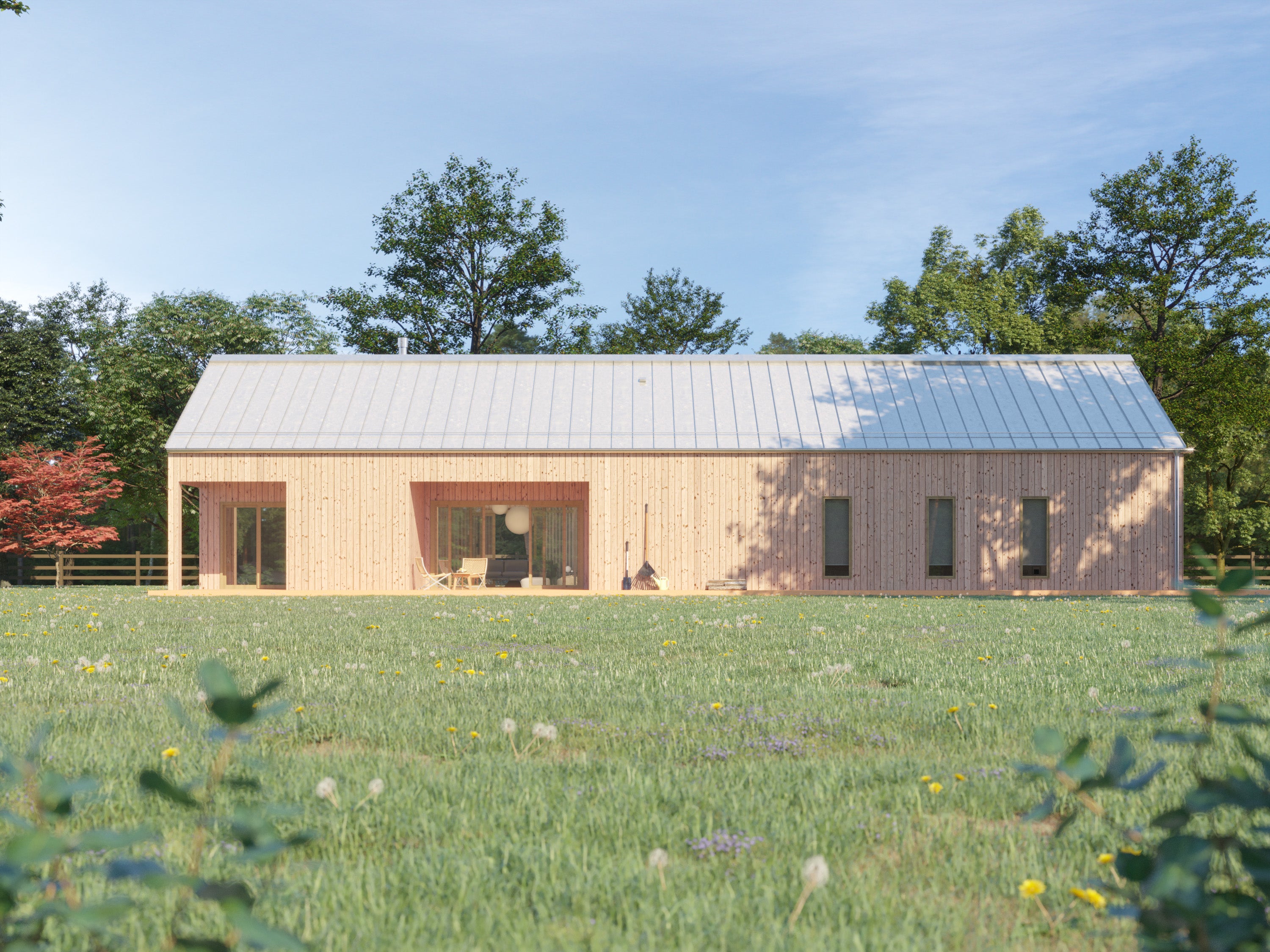 Modern farmhouse with light wood vertical cladding, blush pink recessed porch surround, standing seam metal roof, and open terrace overlooking a wildflower meadow