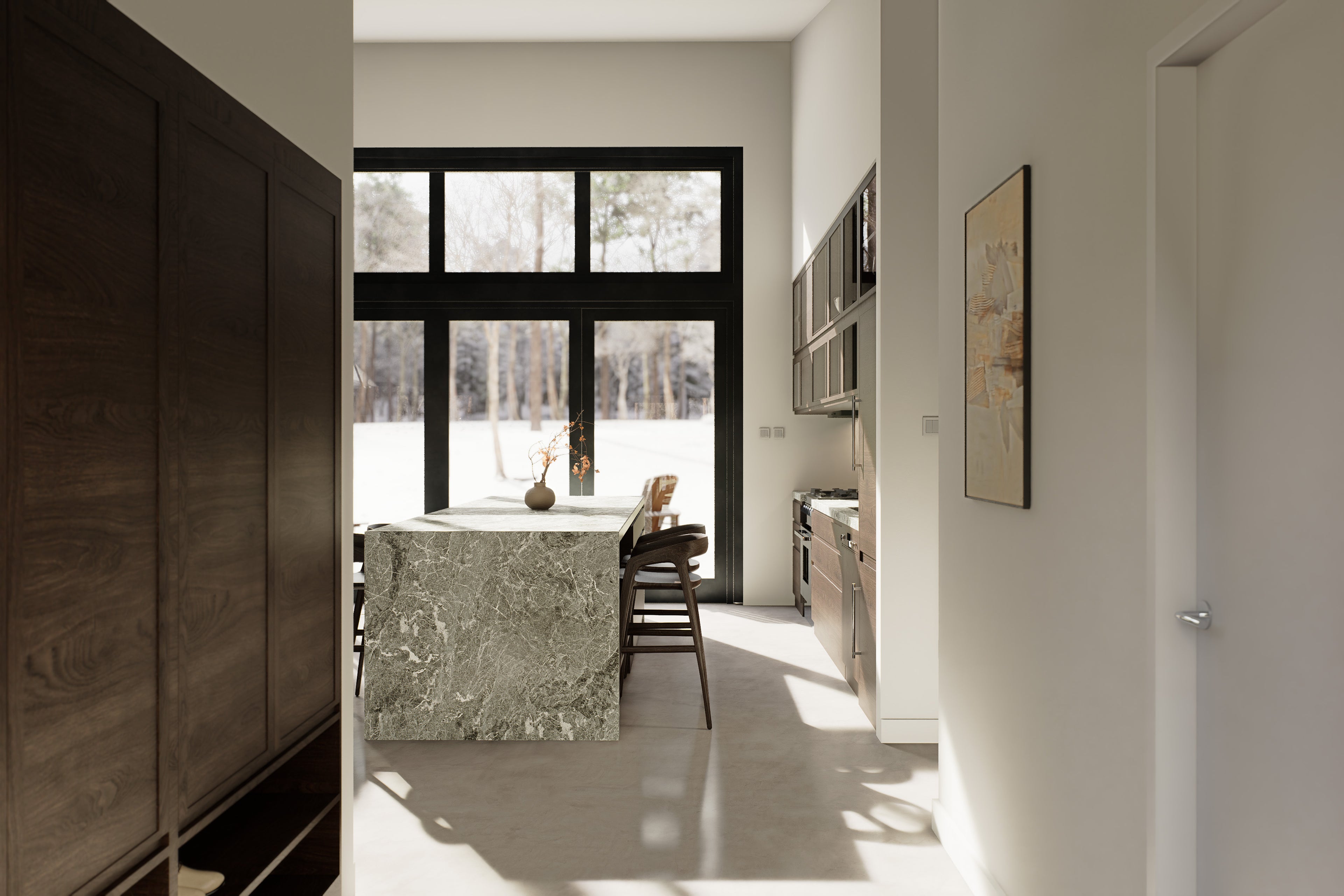 Modern home entry hallway looking into open kitchen with green marble island, floor-to-ceiling black-trim windows, and dark wood cabinetry – Design with Frank