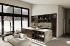 Modern cabin kitchen — green marble island, dark wood cabinets, glass-front uppers and black-trim windows over a snowy forest