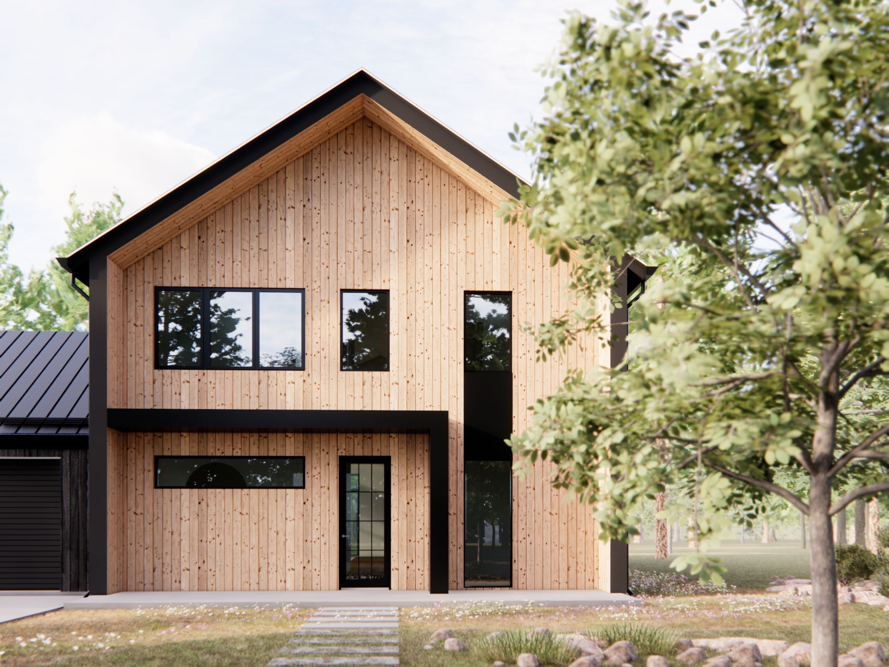 Nordic barndominium floor plan front entry elevation with natural wood vertical siding, black trim, 2-story gable and stepping stone pathway