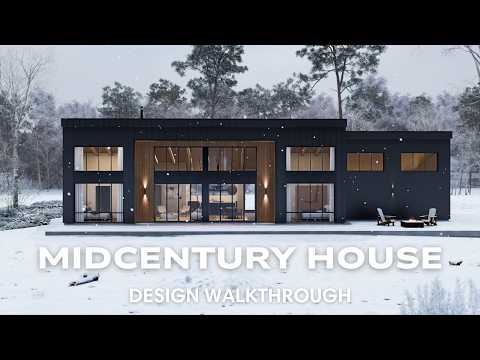 2-bedroom midcentury modern house plan design walkthrough — exterior, interior layout and floor plans