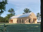 2 bedroom small house plan exterior — Scandinavian modern barn with natural light wood cladding and silver metal roof
