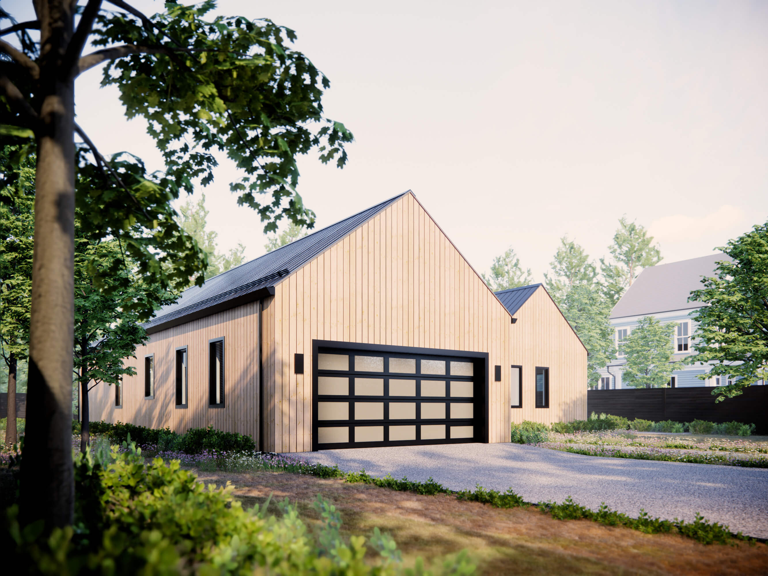 Southern modern farmhouse house plan garage side view with tall gabled roofline, natural wood vertical cladding and black-frame glass garage door