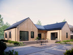 3 bed modern farmhouse house plan rear elevation — single story 2,186 sqft home with L-shaped deck, sliding glass doors and double-gable roofline