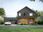 Modern barn house plan front elevation — barndominium with 2-car garage, wood entry and dark vertical siding