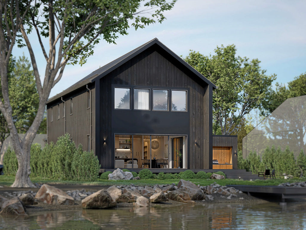 Modern barndominium house plan rear elevation with large sliding doors and outdoor kitchen, waterfront setting