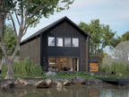 3 bedroom modern barn house plan — lakefront rear elevation with large sliding doors and outdoor kitchen
