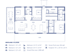 3 bed 2 bath ranch house plan — 2,079 sqft ground floor plan with open living, U-shaped kitchen, mudroom and screen porch