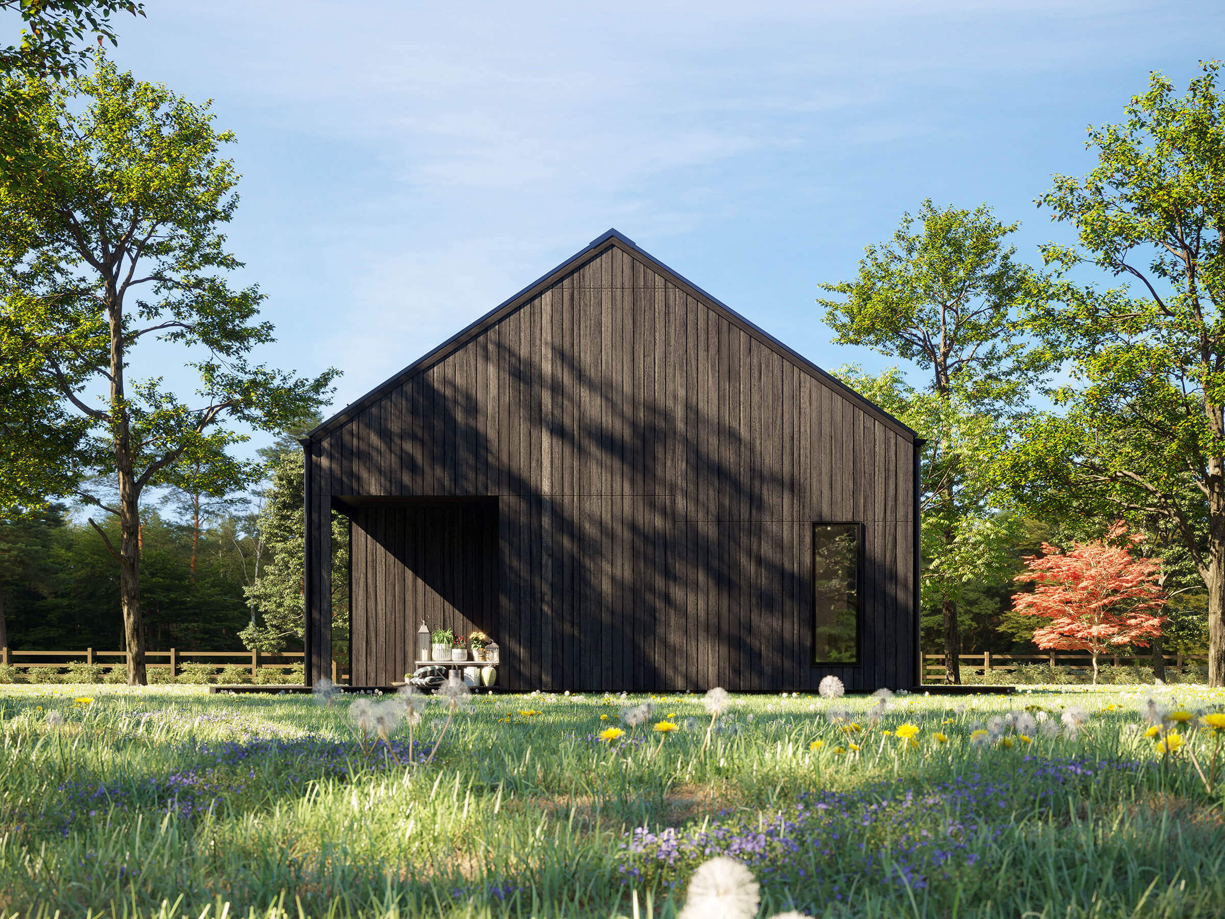 Small vacation cabin plan exterior elevation with covered deck and sliding glass doors — DesignwithFrank