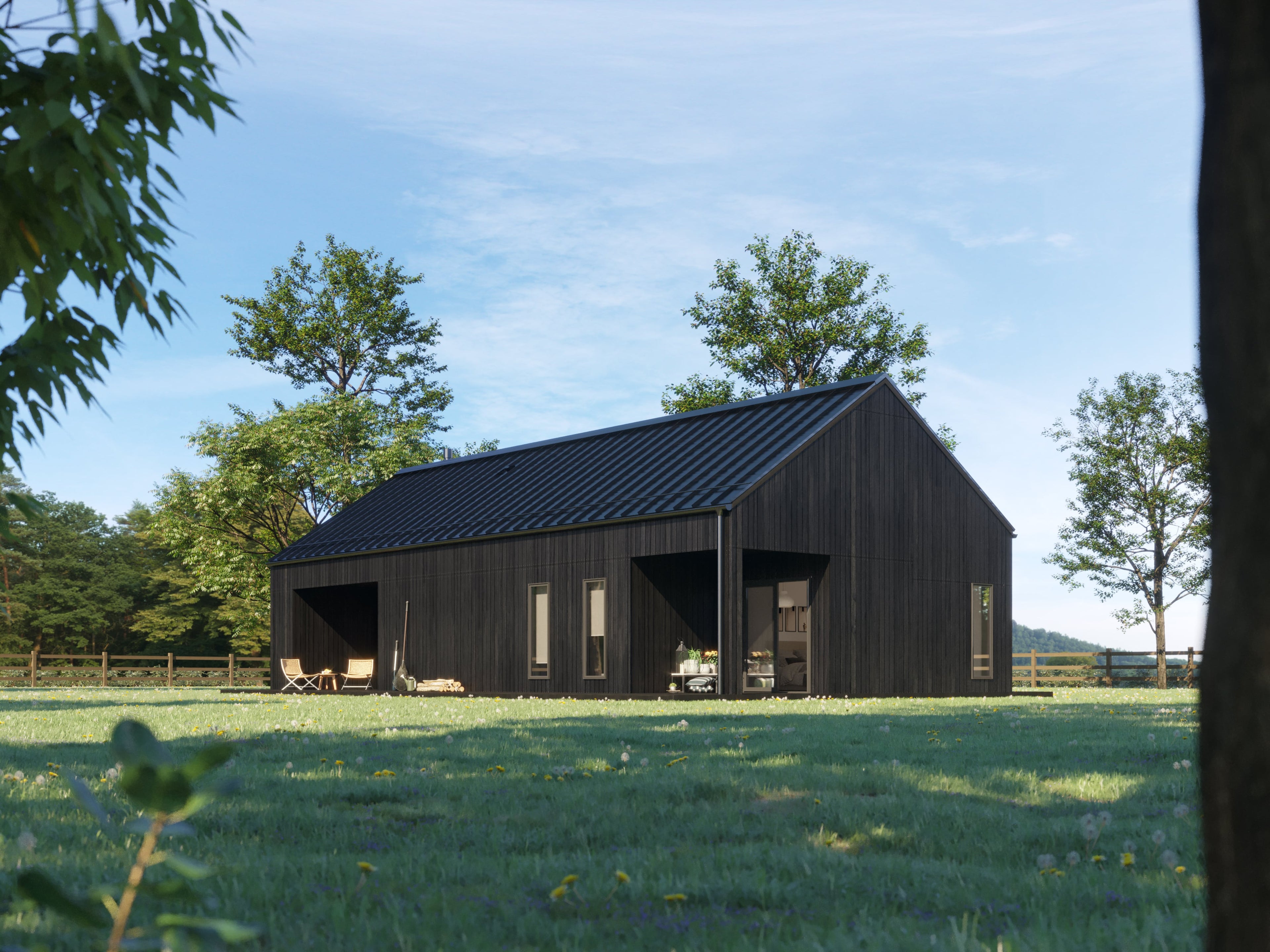 1 bedroom large adu house plan black exterior — modern single story home, 1125 sqft