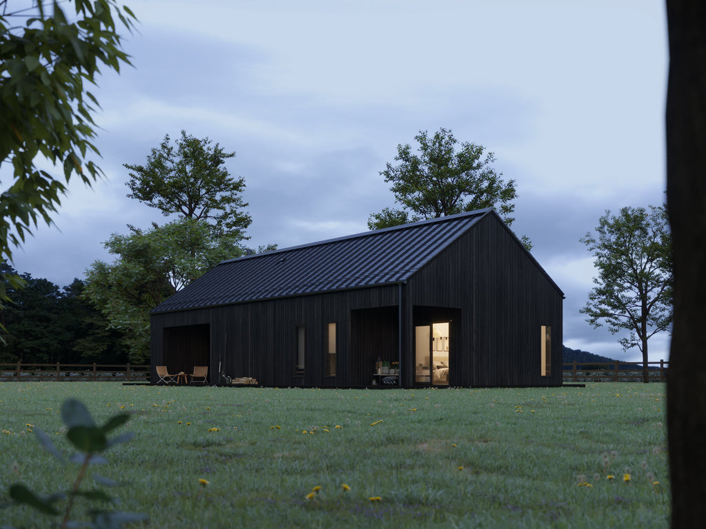 1 bedroom modern house plan black exterior — 56ft x 25ft footprint with southern exposure