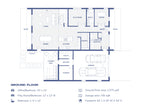 5 bedroom Nordic barndominium house plan ground floor plan — open living, L-shaped island kitchen, office, playroom, mudroom and 2-car garage
