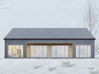 2-bedroom modern cabin house plan rear elevation with full-width floor-to-ceiling black-frame windows, wood accent entry and black standing seam metal roof and siding in winter