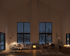 Two-story loft cabin house plan exterior — compact 832 sqft getaway with large windows