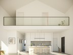 Cabin with loft interior — double-height living room with white walls and tall windows