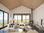 Modern ranch house plan interior — double-height open living room with large sliding glass doors