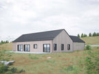 3 bed ranch house plan exterior at dusk — screen porch and attached garage, 2,079 sqft
