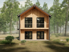 3 bed modern loft house plan exterior — 2-story board and batten home with triple-height living windows
