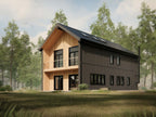 3 bed modern loft house plan exterior — 2-story home with black board and batten siding and double-height windows