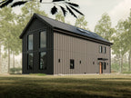 Modern loft house plan exterior — board and batten 2-story home with double-height windows