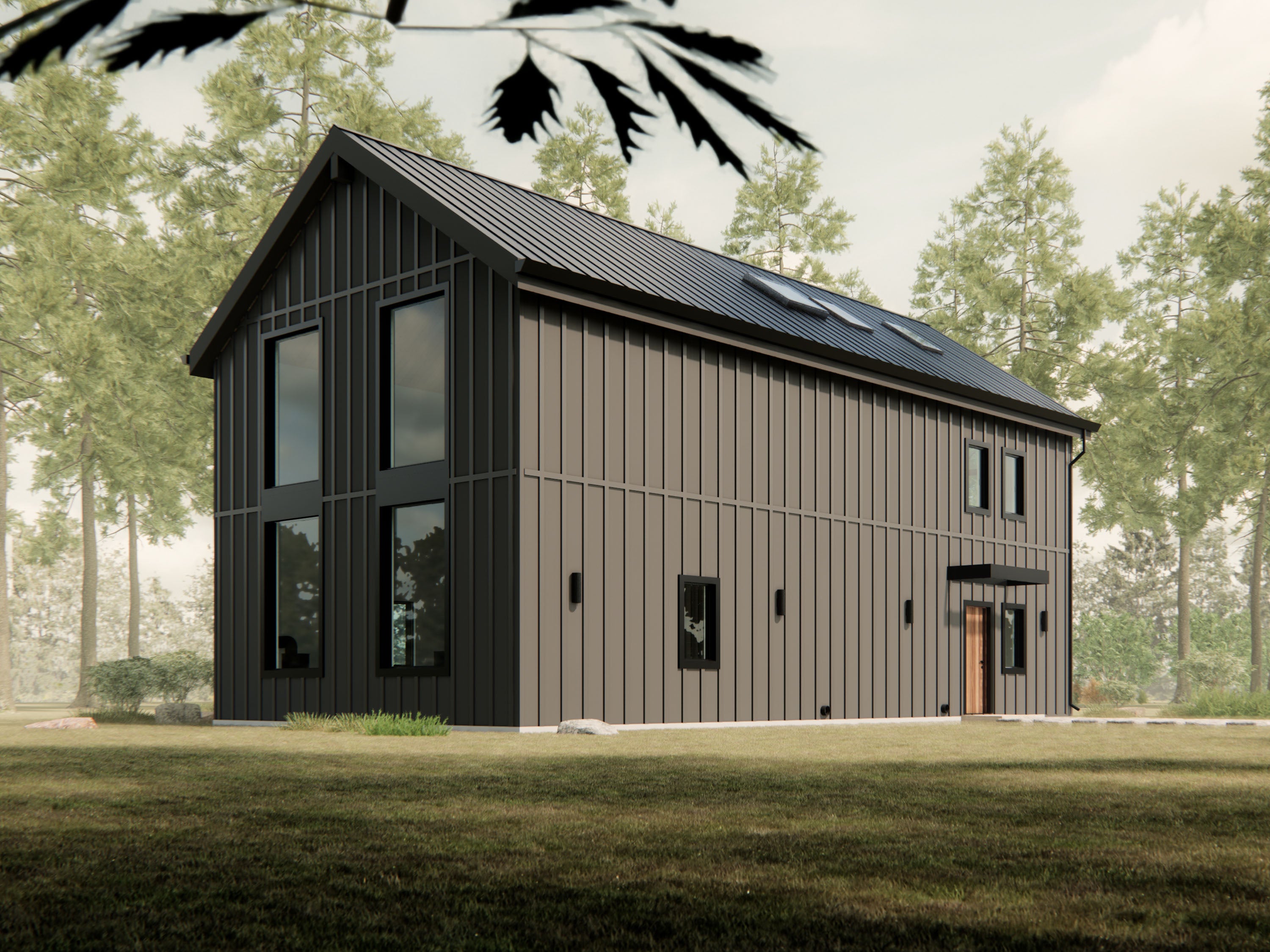 board and batten sky loft exterior look with double height window