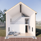 Modern loft house plan architectural section — showing the three levels: ground floor, primary suite and skylit loft