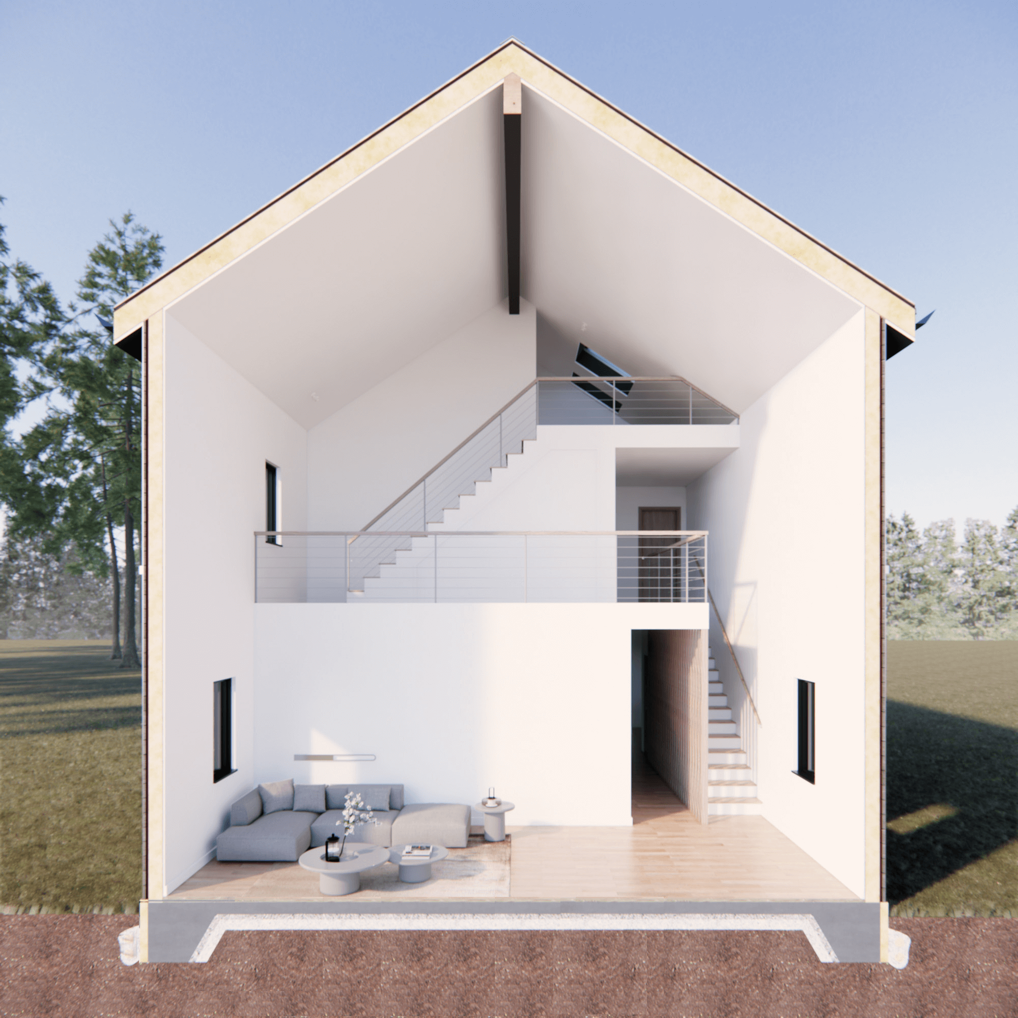 architectural section of sky loft showing how the 3 levels of space works 