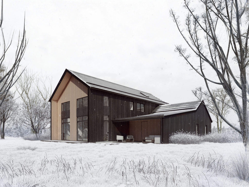 5-bedroom Nordic barndominium house plan rear angle view with natural wood gable, dark vertical siding, standing seam metal roof and covered deck in winter setting