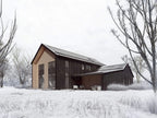 5-bedroom Nordic barndominium house plan rear angle view with natural wood gable, dark vertical siding, standing seam metal roof and covered deck in winter setting
