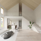 Twin barndominium interior — high vaulted cathedral ceiling great room with double-height windows