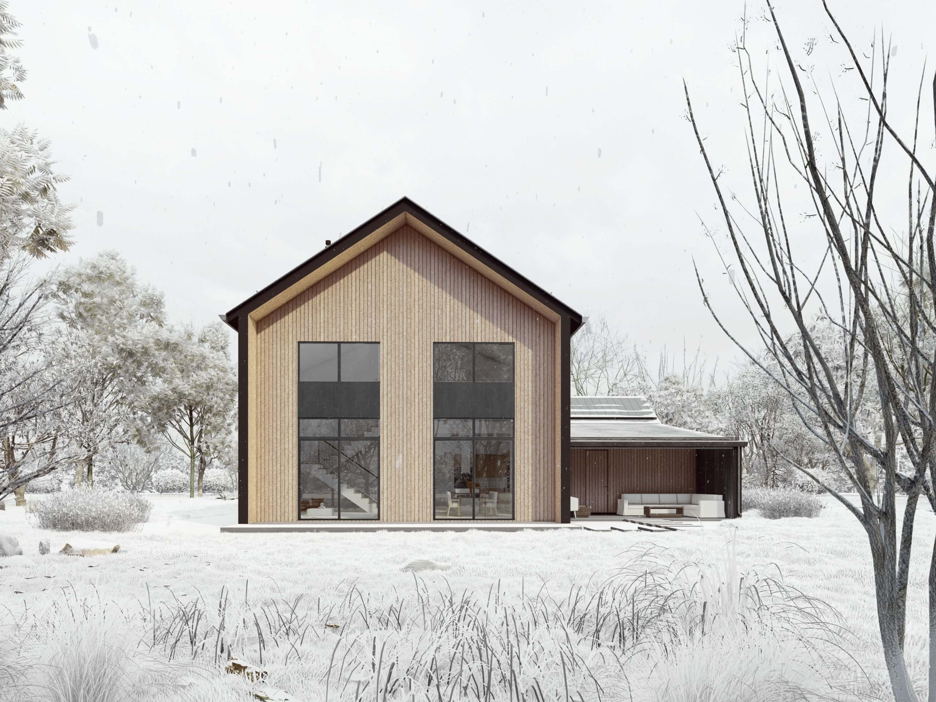 Design With Frank Nordic barndominium floor plan rear elevation showing double-height gable with floor-to-ceiling black-frame windows and covered outdoor seating in winter
