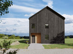 Lake barndominium house plan entrance — modern barn-style entry with wood accent and metal siding