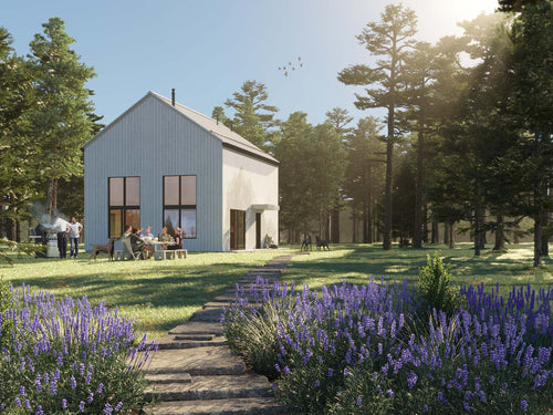 2 bed cabin house plan with loft exterior — compact two-story 832 sqft home with double-height windows