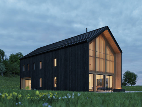 4 bedroom lake barndominium house plan exterior — 2,300 sqft modern barn-style home with metal roof and siding