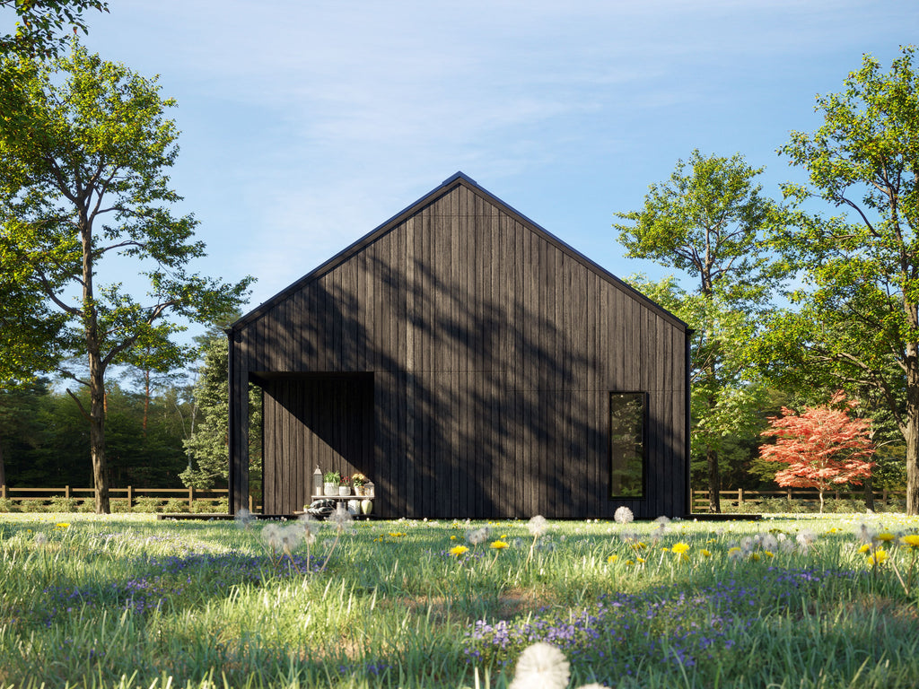 Modern 1 bedroom house plan black exterior elevation — rear view with covered deck