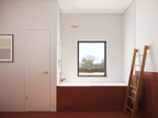 Small house plan with loft interior render — double-height vaulted living space with natural light
