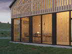 Modern ranch house plan render — double-height open-concept living interior