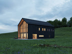 4 bedroom lake barndominium house plan side exterior — 2,300 sqft two-story modern barn home