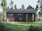 Twin barndominium with ADU exterior — modern black barn-style design with light wood accents