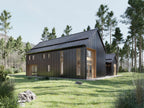 4 bedroom twin barndominium house plan exterior — black modern barn home with screen porch connecting the ADU