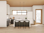 Modern cabin house plan kitchen — L-shaped layout with island, white countertops and black cabinets