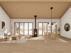 Modern cabin house plan interior — open-concept living and dining with wood stove, vaulted wood ceiling and sliding doors