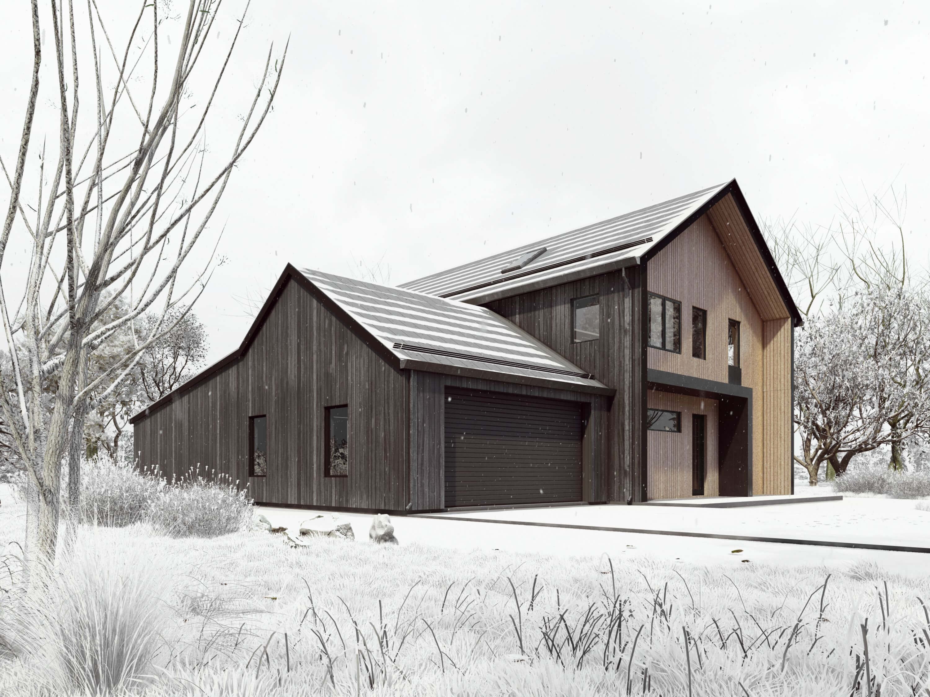 Nordic barndominium floor plan front angle with 2-car garage, dark vertical siding, standing seam metal roof and natural wood gable entry in winter