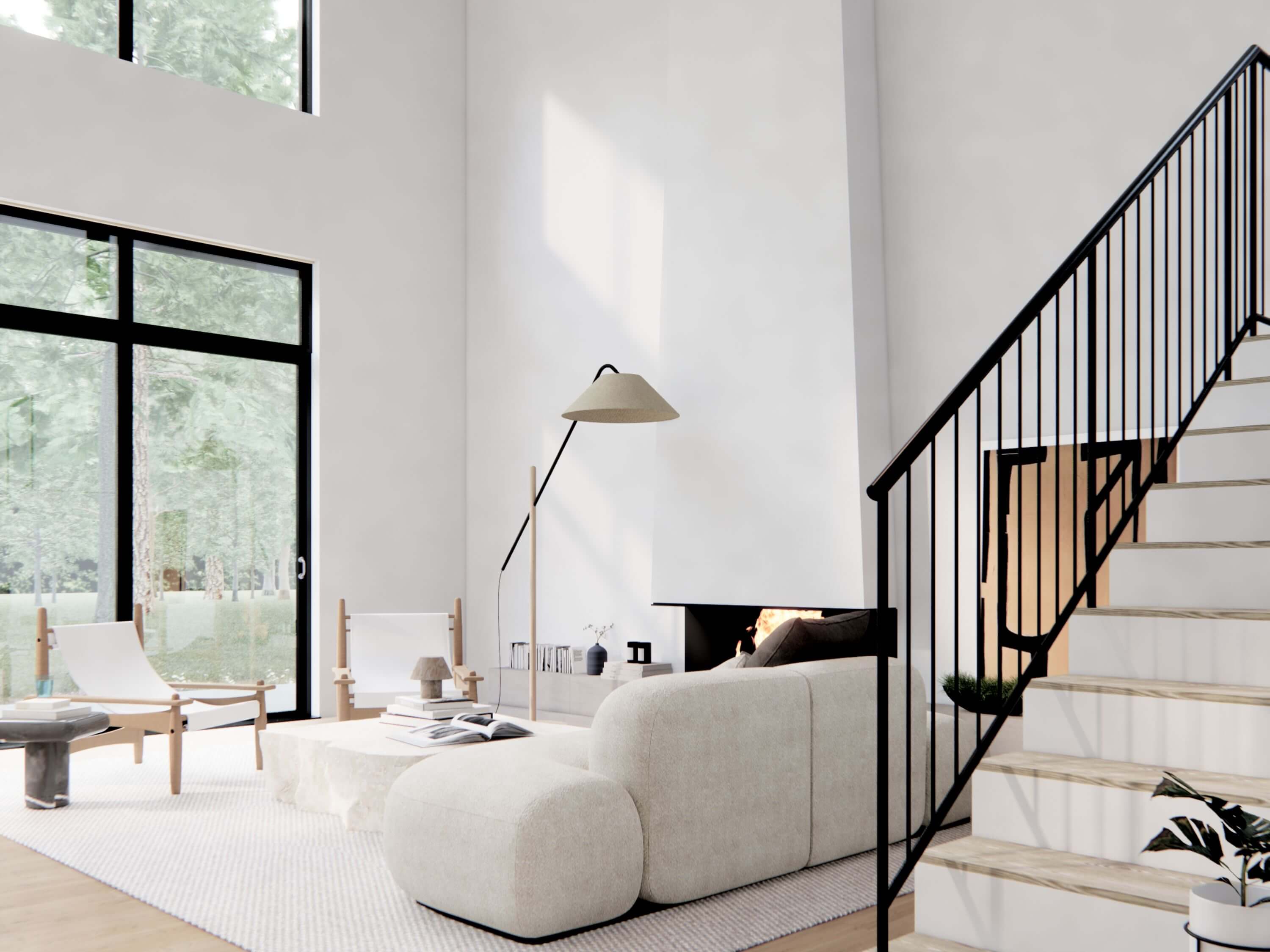 Nordic barndominium floor plan living room with floor-to-ceiling black-frame windows, statement fireplace, neutral sectional sofa and black iron staircase