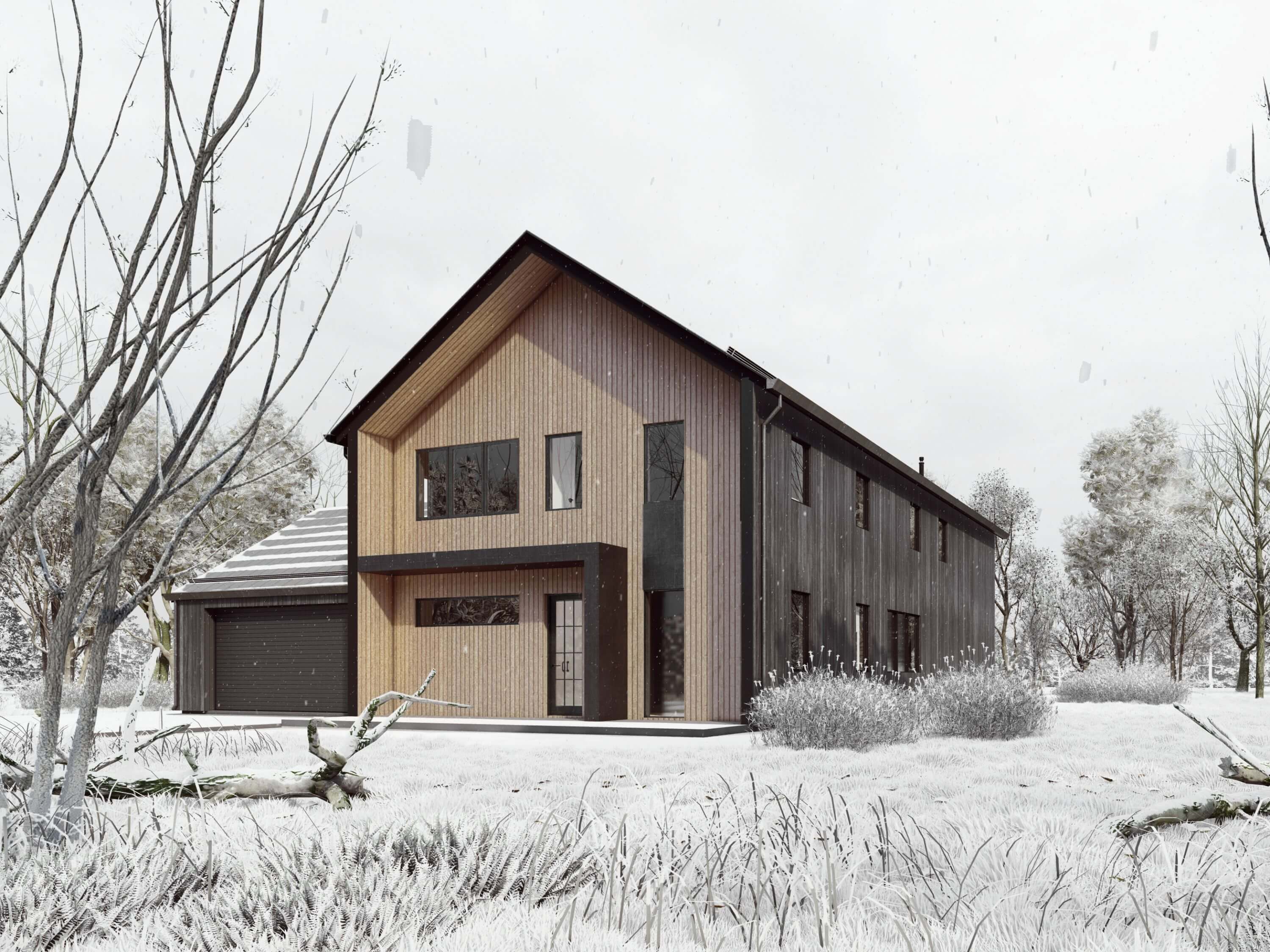 Nordic barndominium house plan front elevation with natural wood and dark vertical siding contrast, 2-car garage and gabled roofline in winter landscape