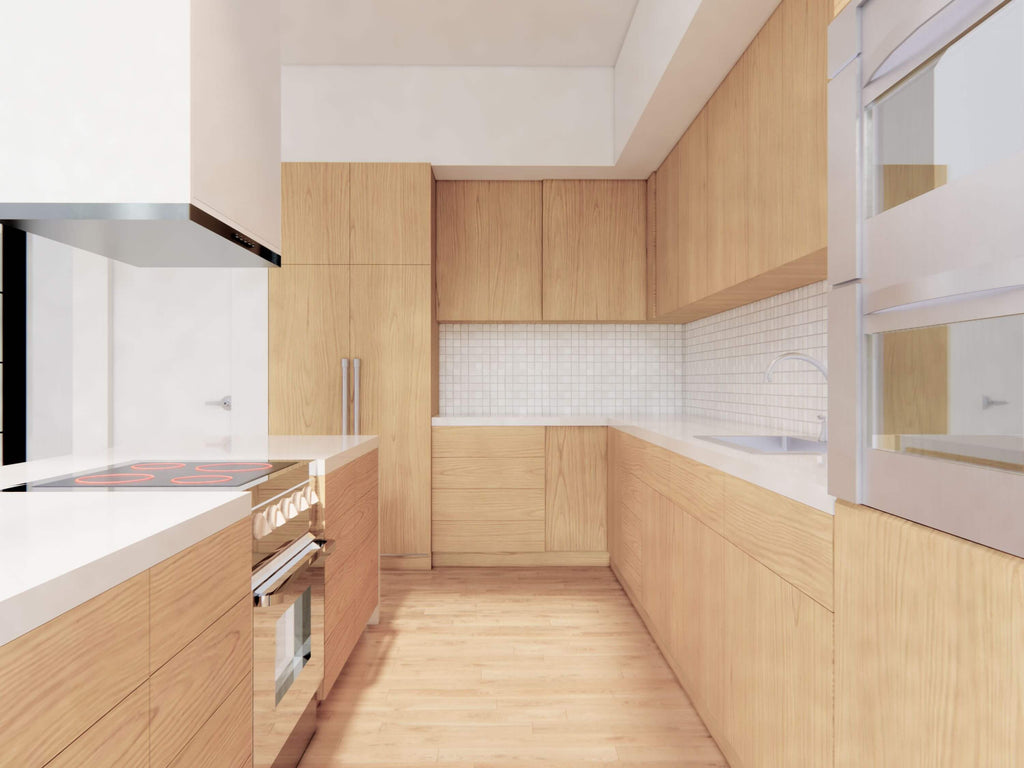 Nordic barndominium L-shaped kitchen detail with natural wood cabinetry, white tile backsplash, cooktop island and built-in oven