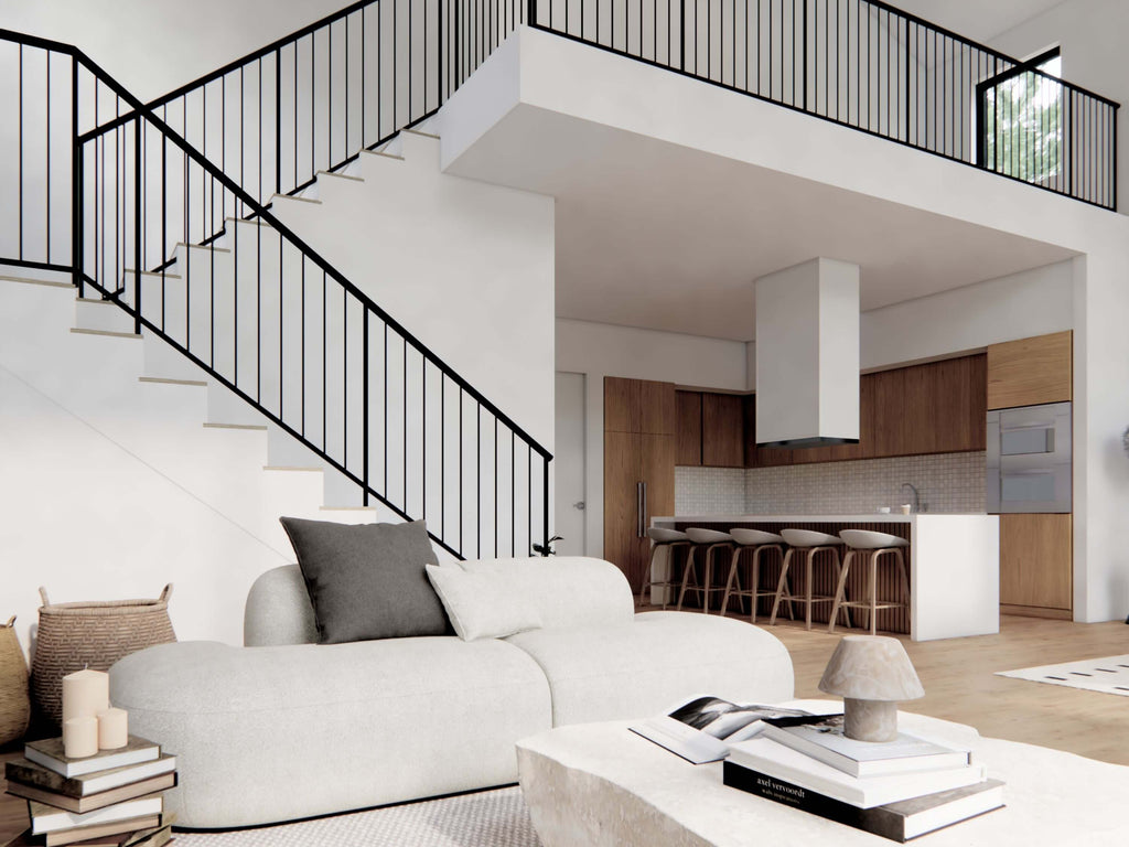 Nordic barndominium open concept living room with loft and black iron staircase, neutral sectional sofa and open kitchen with island visible