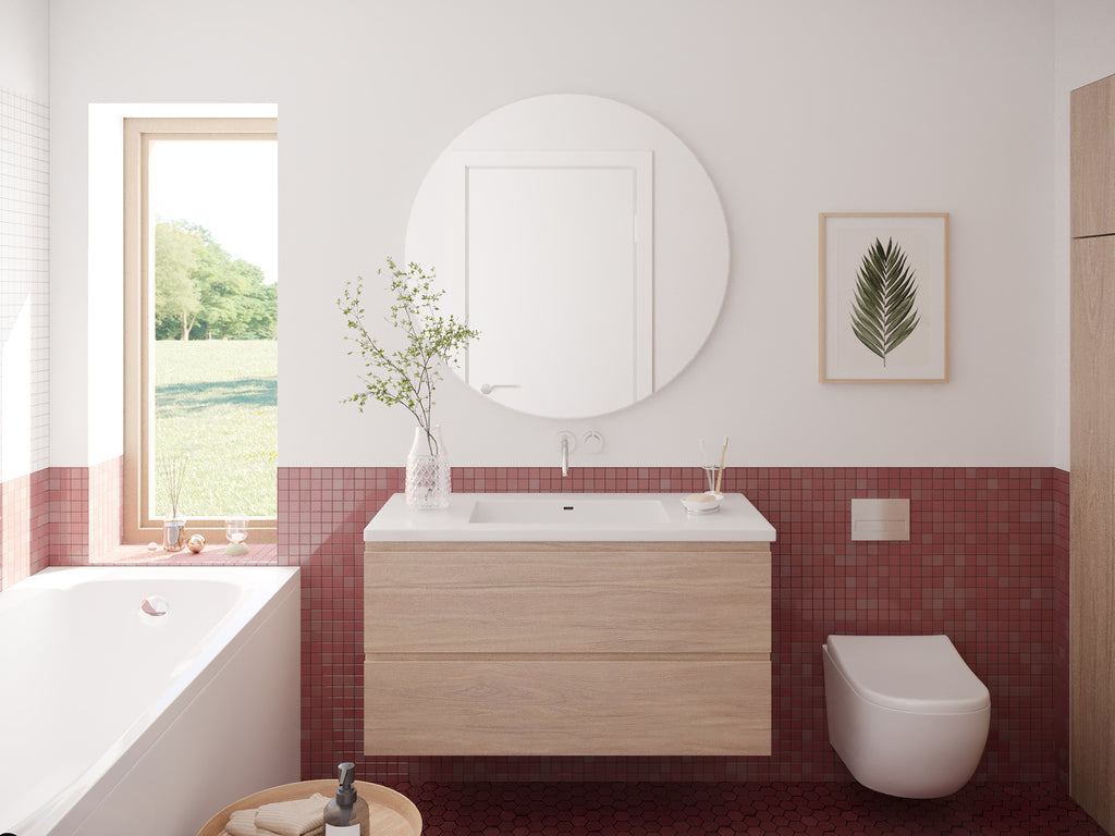 Modern small cabin interior design — vacation cabin plan, bathroom large luxury bath
